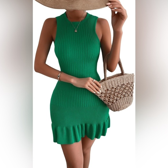 Sleeveless Sweater Dress Crochet Ribbed Knit Ruffle Hem Bodycon
8033 - Picture 3 of 7